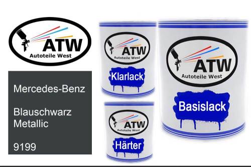 Mercedes-Benz, Blauschwarz Metallic, 9199: 1L Lackdose + 1L Klarlack + 500ml Härter - Set, von ATW Autoteile West.